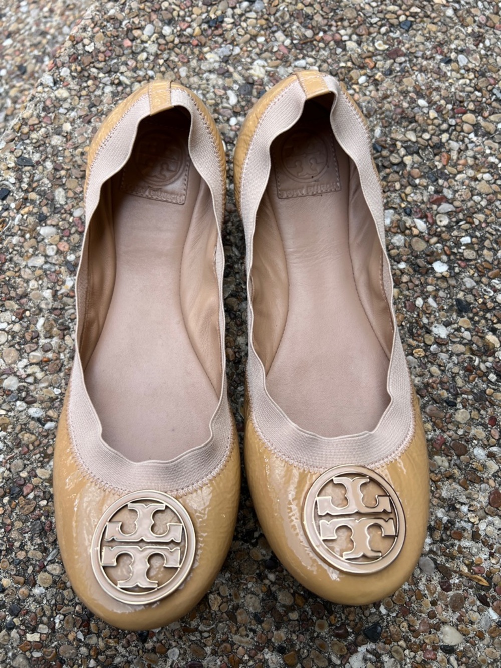 Tory Burch Tan Patent Leather Logo Ballet Flats
